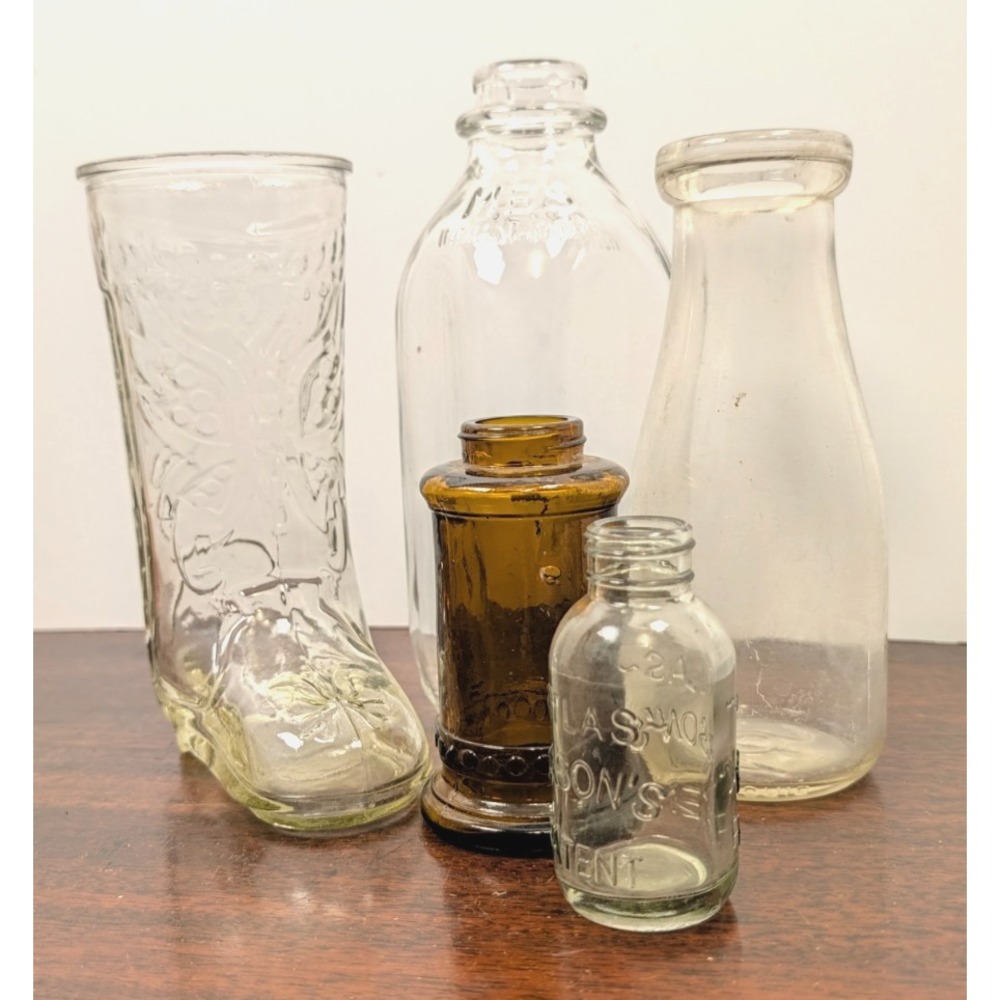 Vintage Glass Bottles 5 Antique Style Embossed Milk Medicine Amber Pioneer Woman